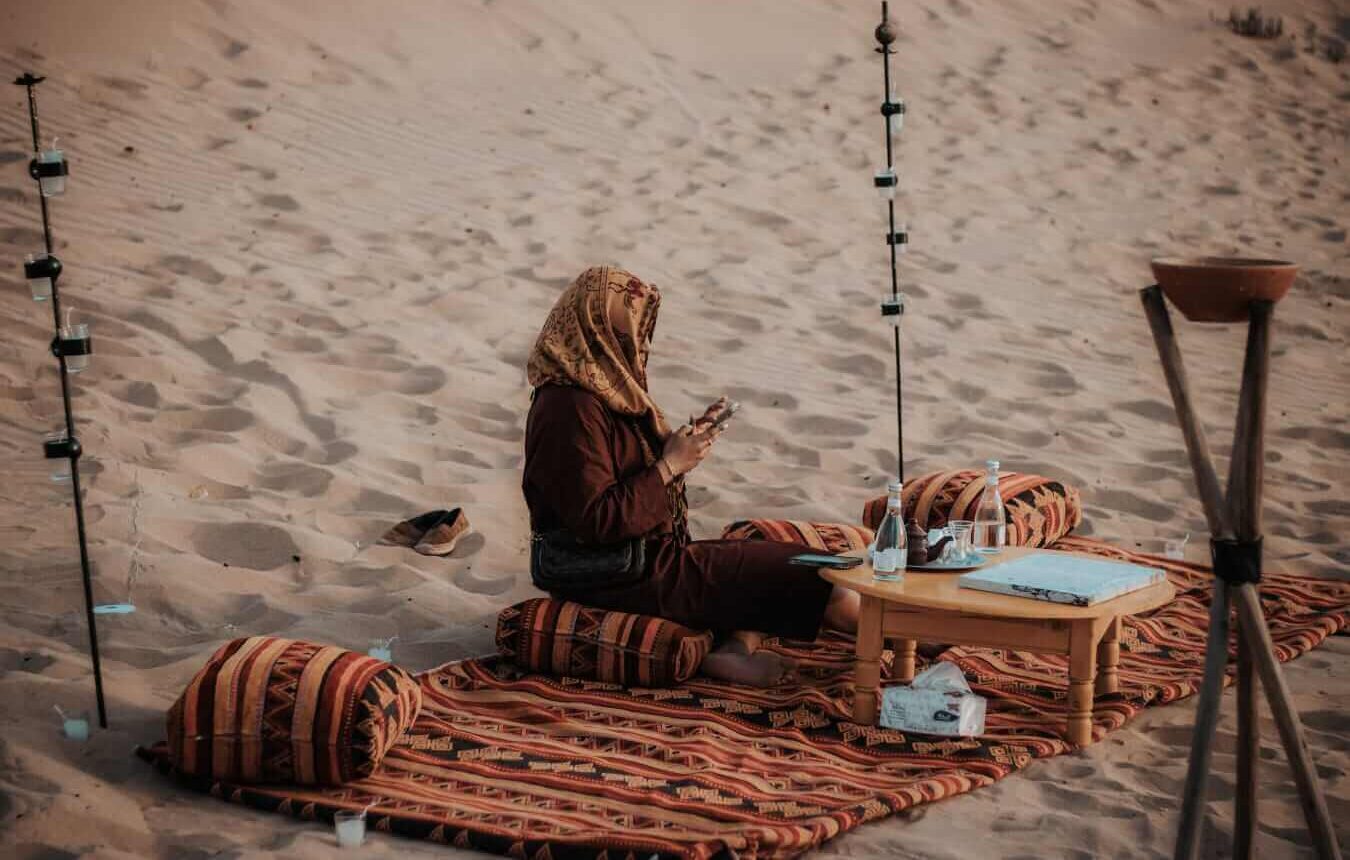 Berber camp setup for dinner in Timlalin Dunes near Agadir